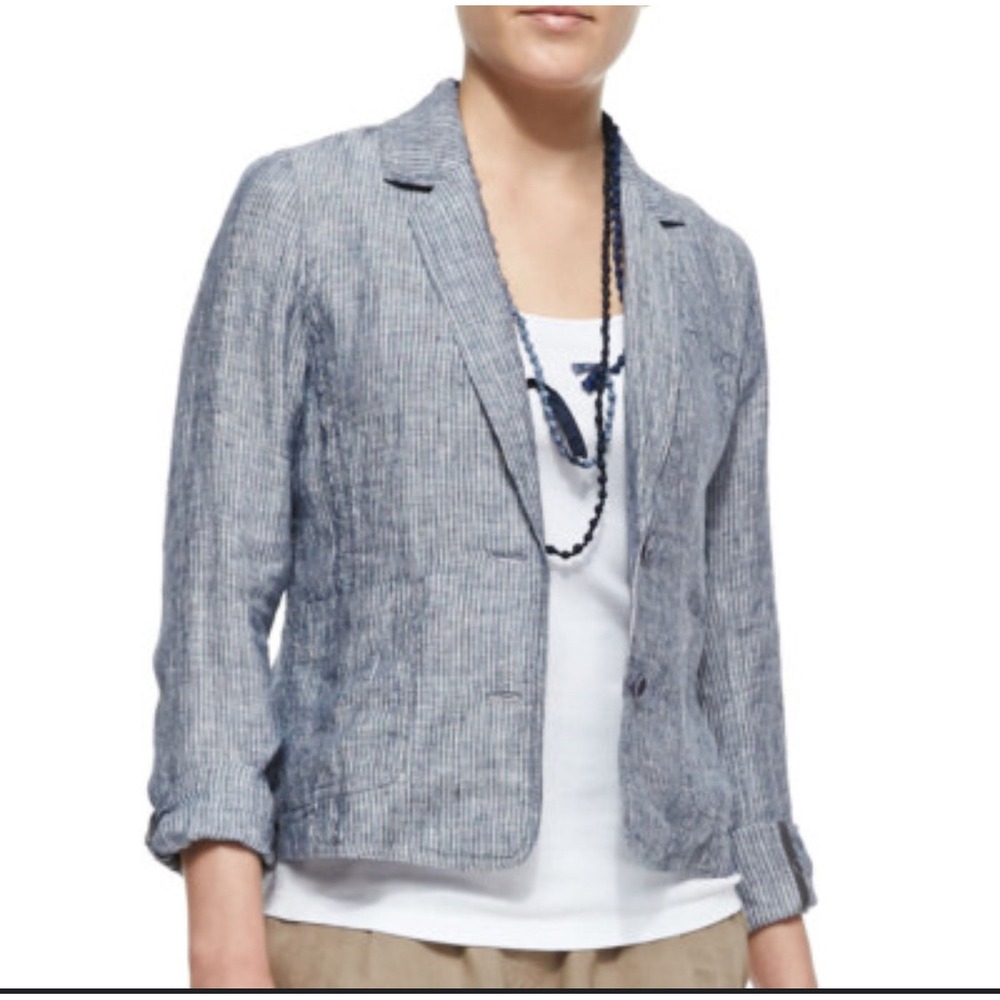 EILEEN FISHER Blazer Women's XL Denim Blue Linen Chambray Railroad Stripe Jacket